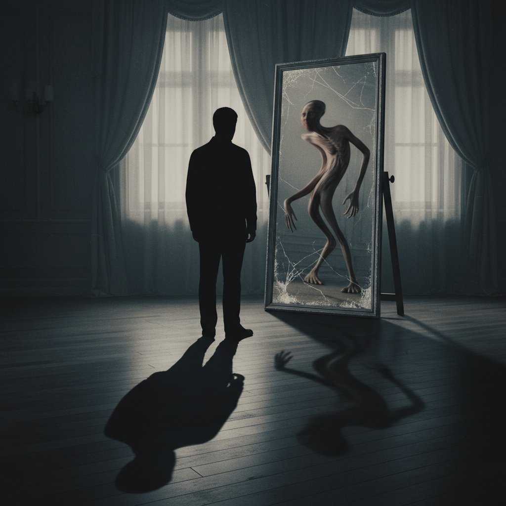 Cień perfekcjonizmu i lęku przed porażką: osoba patrząca w lustro, zniekształcone odbicie, motyw inwestowania w siebie