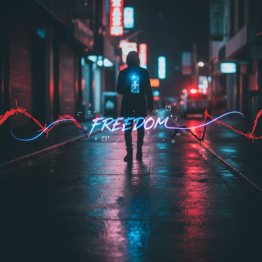 Osoba stojąca w cieniu, z telefonem w dłoni, światła neonów – metafora anonimowości i wolności, ale też zagrożeń