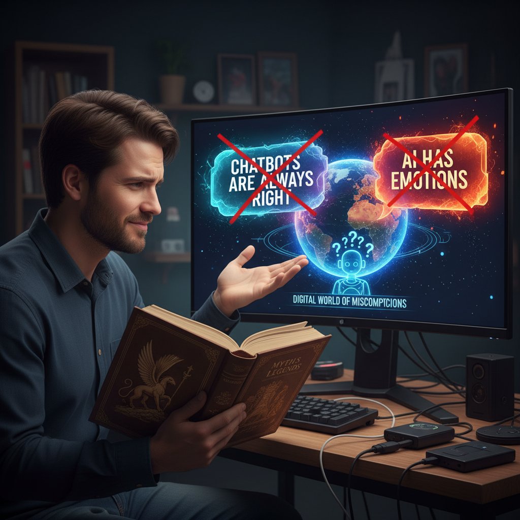 Osoba kręci głową z zażenowaniem, czytając popularne mity o czatach