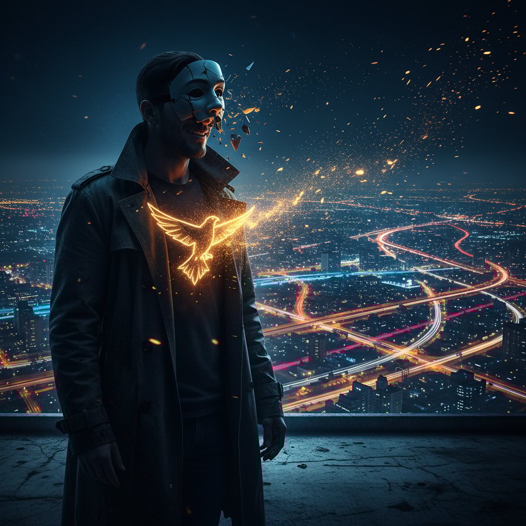 Zdjęcie osoby zdejmującej maskę, symbolizujące autentyczność i kongruencję w życiu codziennym