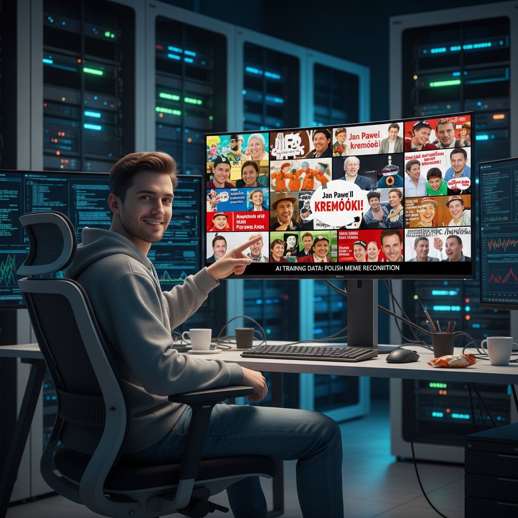 Osoba pokazująca na monitorze przykłady polskich memów, z uśmiechem i zaangażowaniem