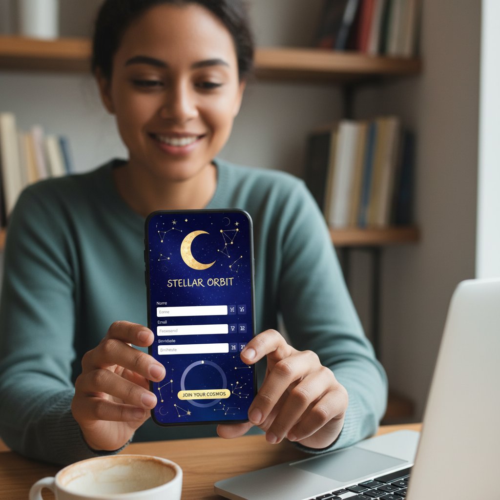 Osoba rejestrująca się w serwisie astrologicznym na telefonie, pierwszy krok z astrologią