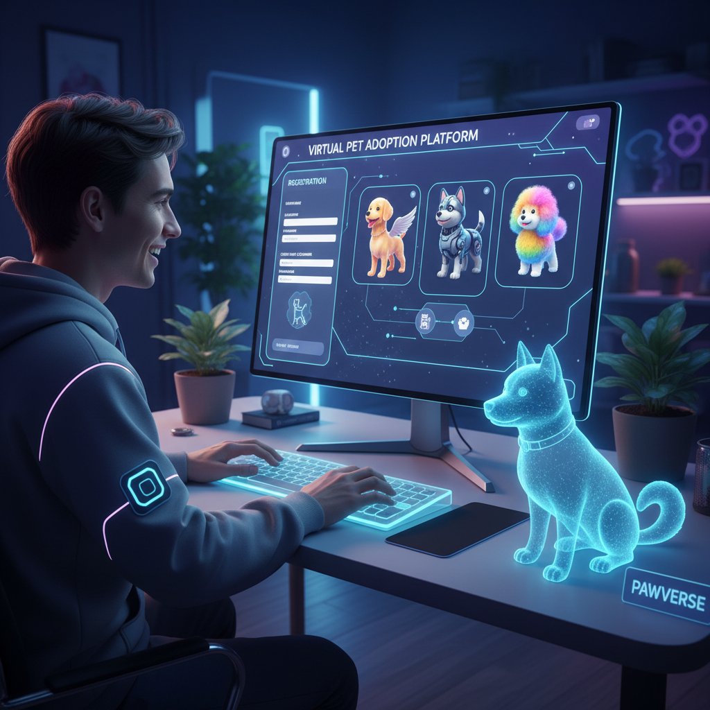 Osoba rejestrująca się na platformie do zabawy z psem online przy komputerze, słowa kluczowe: rejestracja, pierwsze kroki, piesek AI