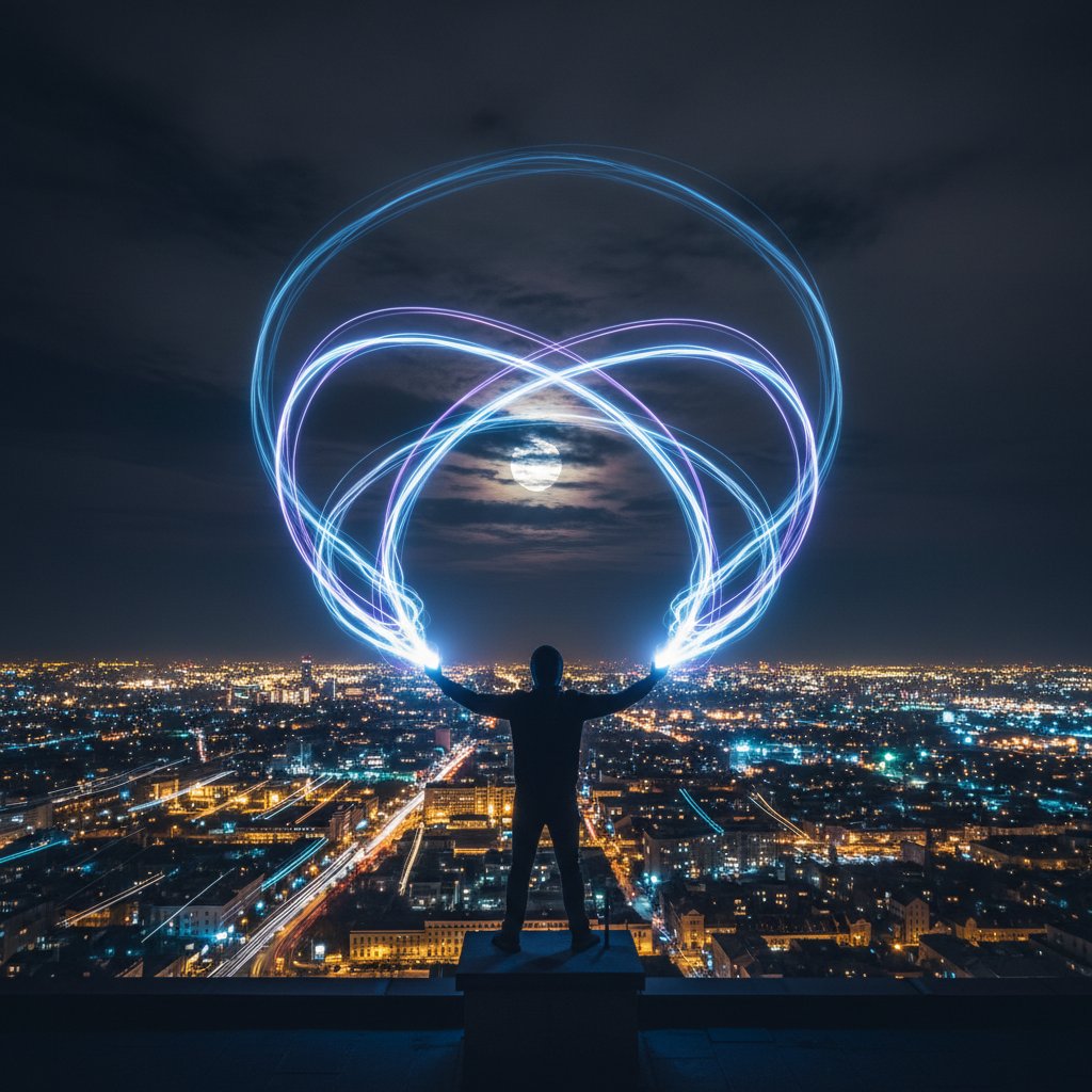 Osoba otoczona delikatną poświatą energetyczną w nocnym, miejskim pejzażu – ciało eteryczne, energia człowieka