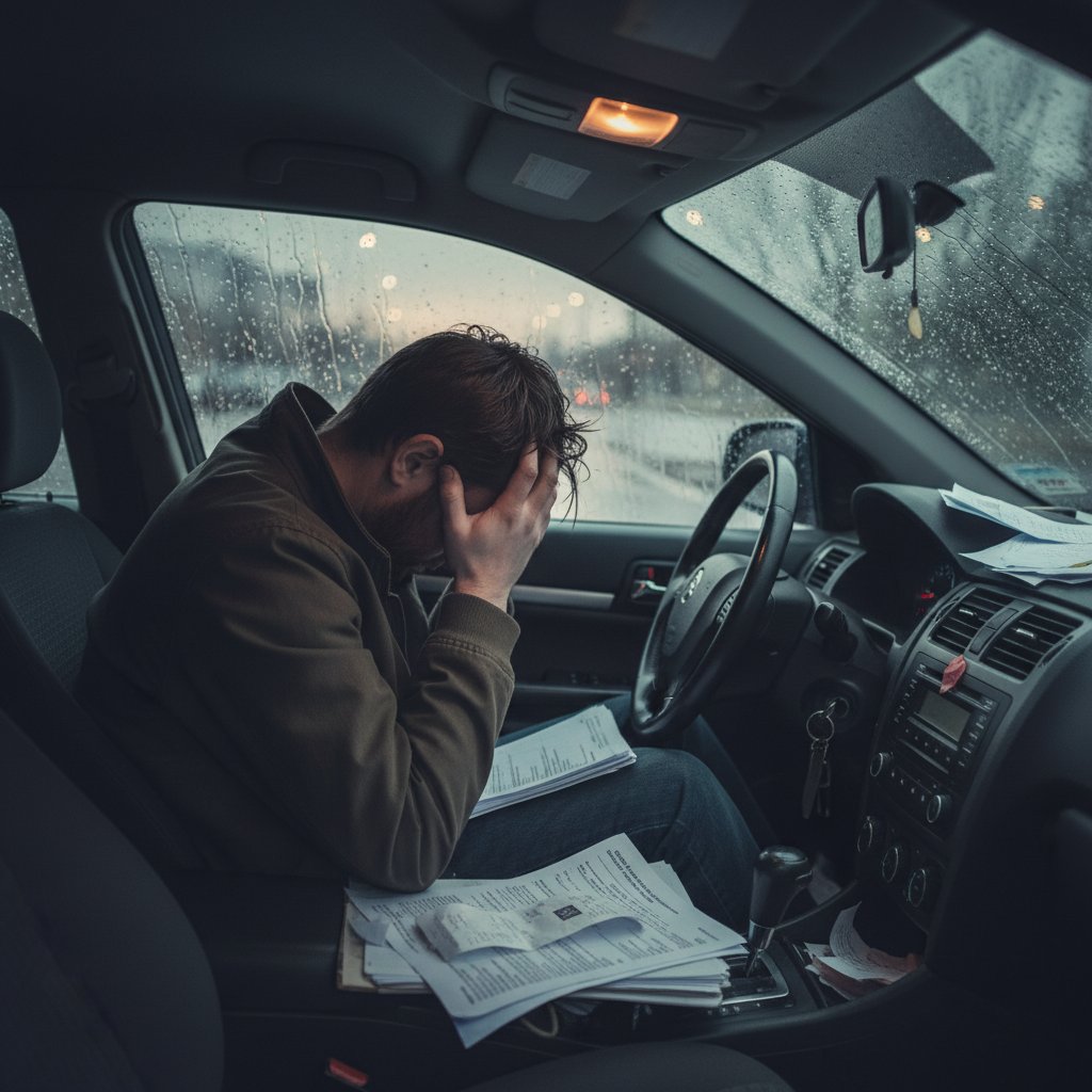 Car owner showing visible regret inside vehicle, reflecting car owner satisfaction issues