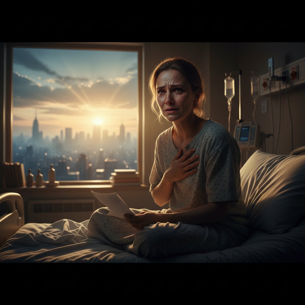 Osoba siedząca na skraju łóżka w szpitalu o świcie, wyraźne zmęczenie i nadzieja, energia psychiczna po chorobie