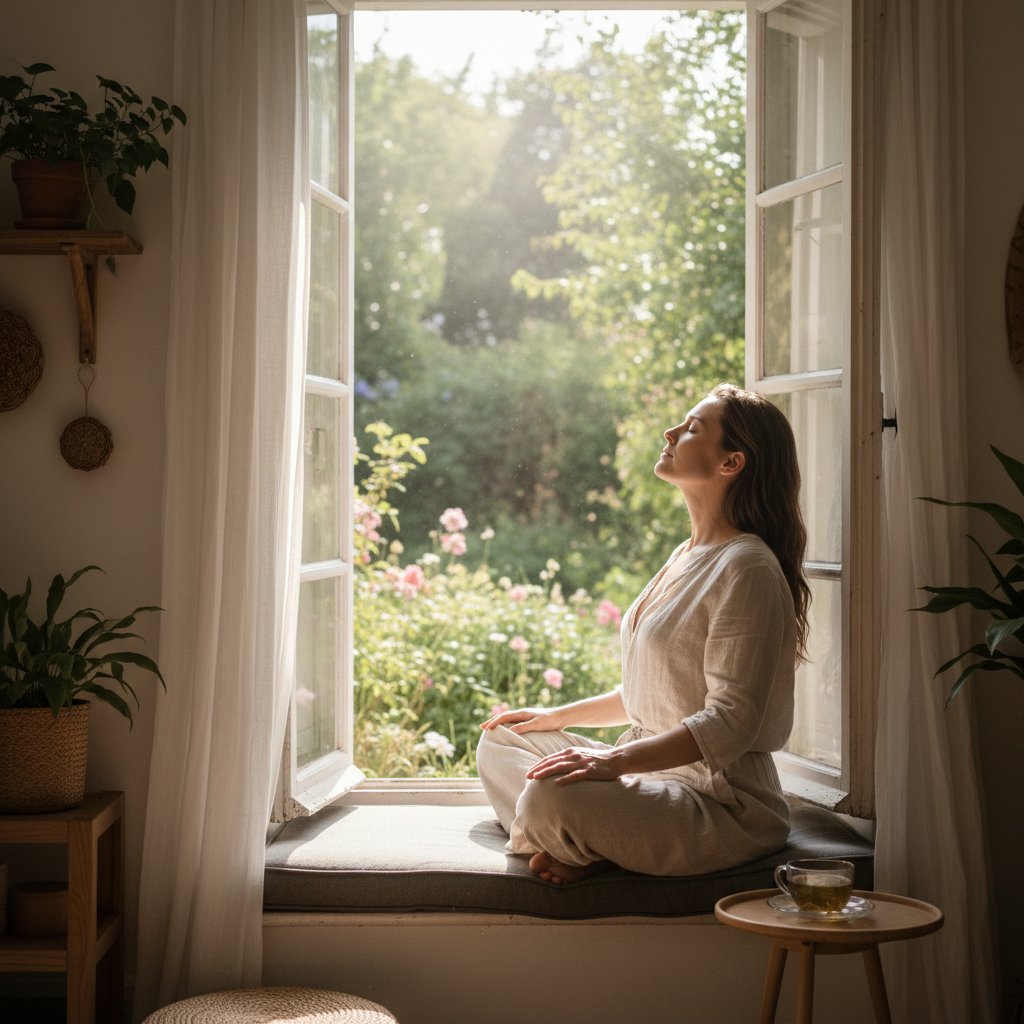 Osoba siedząca przy otwartym oknie, głęboko oddychająca, światło dzienne, domowe wnętrze
