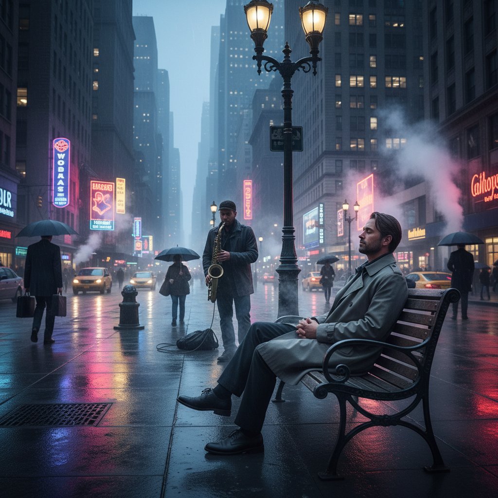 Osoba siedząca po turecku w centrum zatłoczonego miasta, spokój na tle chaosu, wieczorne światła