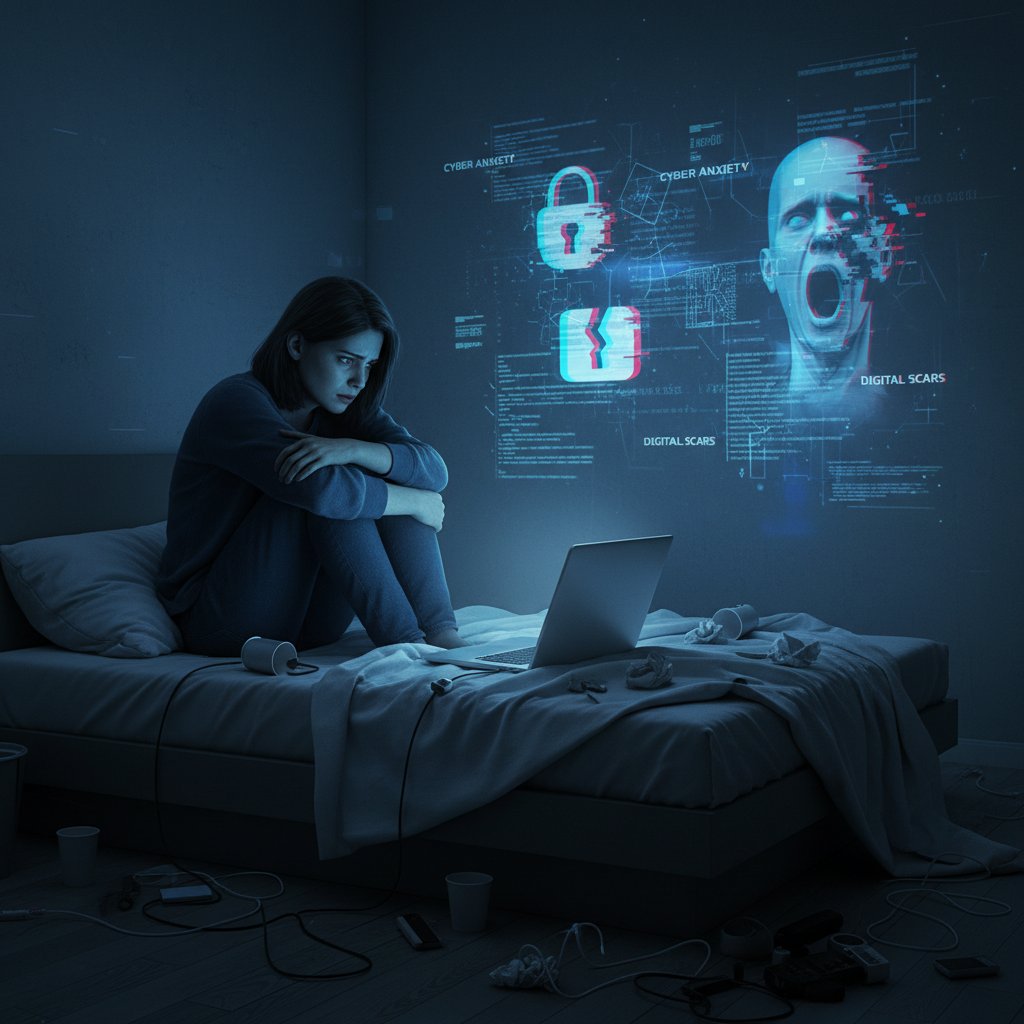 Osoba siedząca samotnie na łóżku z laptopem – psychologiczne skutki cyberprzestępstw