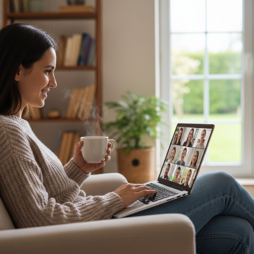 Osoba siedząca przy laptopie z kubkiem herbaty, zrelaksowana, komunikacja online bez presji, słowa kluczowe: komfort prywatność rozmowa online
