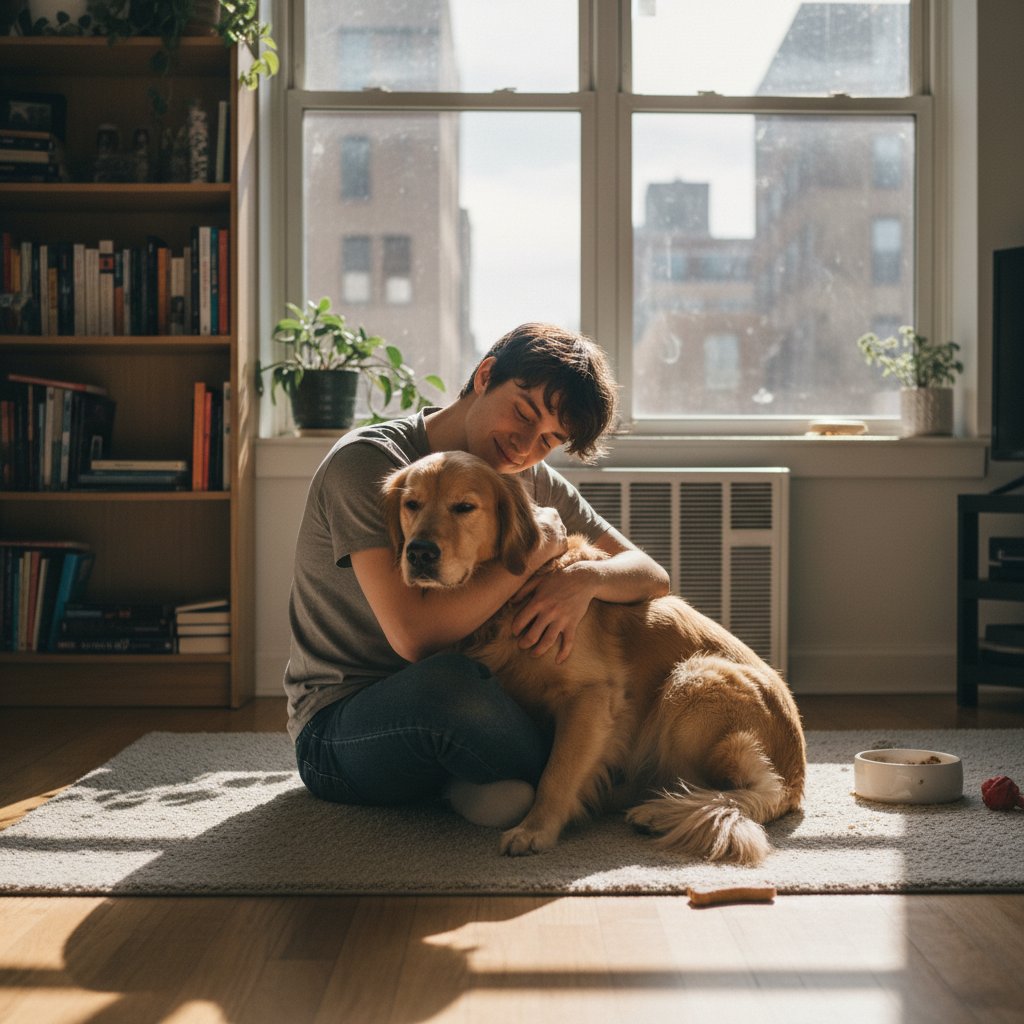 Osoba siedzi na podłodze z psem, silna więź emocjonalna w polskim bloku