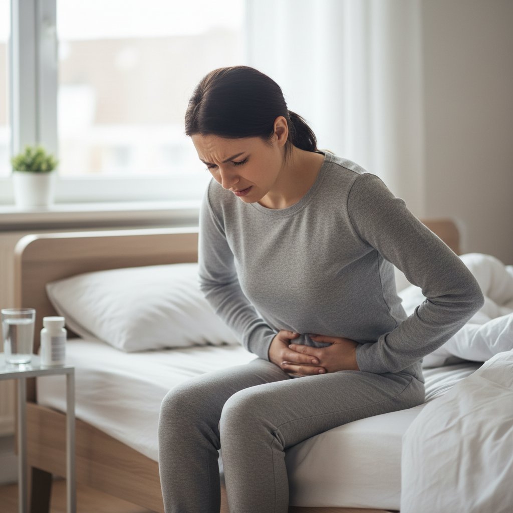 Osoba siedząca na łóżku, wyraźnie zaniepokojona bólem brzucha, z troską na twarzy, domowa sceneria