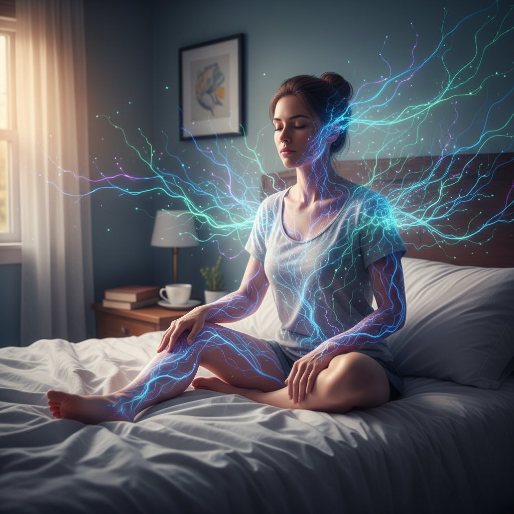 Człowiek siedzący na łóżku bez kończyny, światło pada na pustą przestrzeń – ilustracja bólu fantomowego