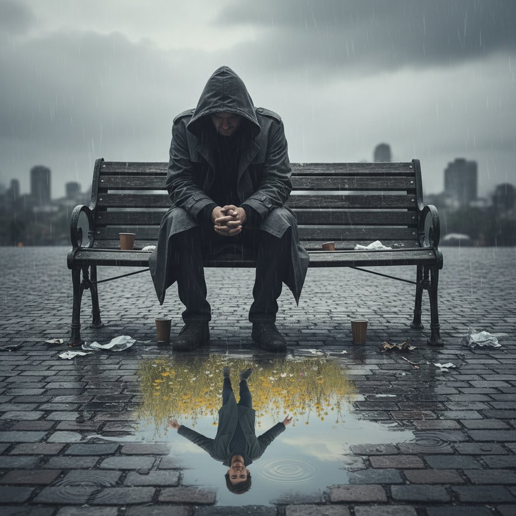 Osoba siedząca na ławce w parku, pogrążona w refleksji po doświadczeniu ignorowania