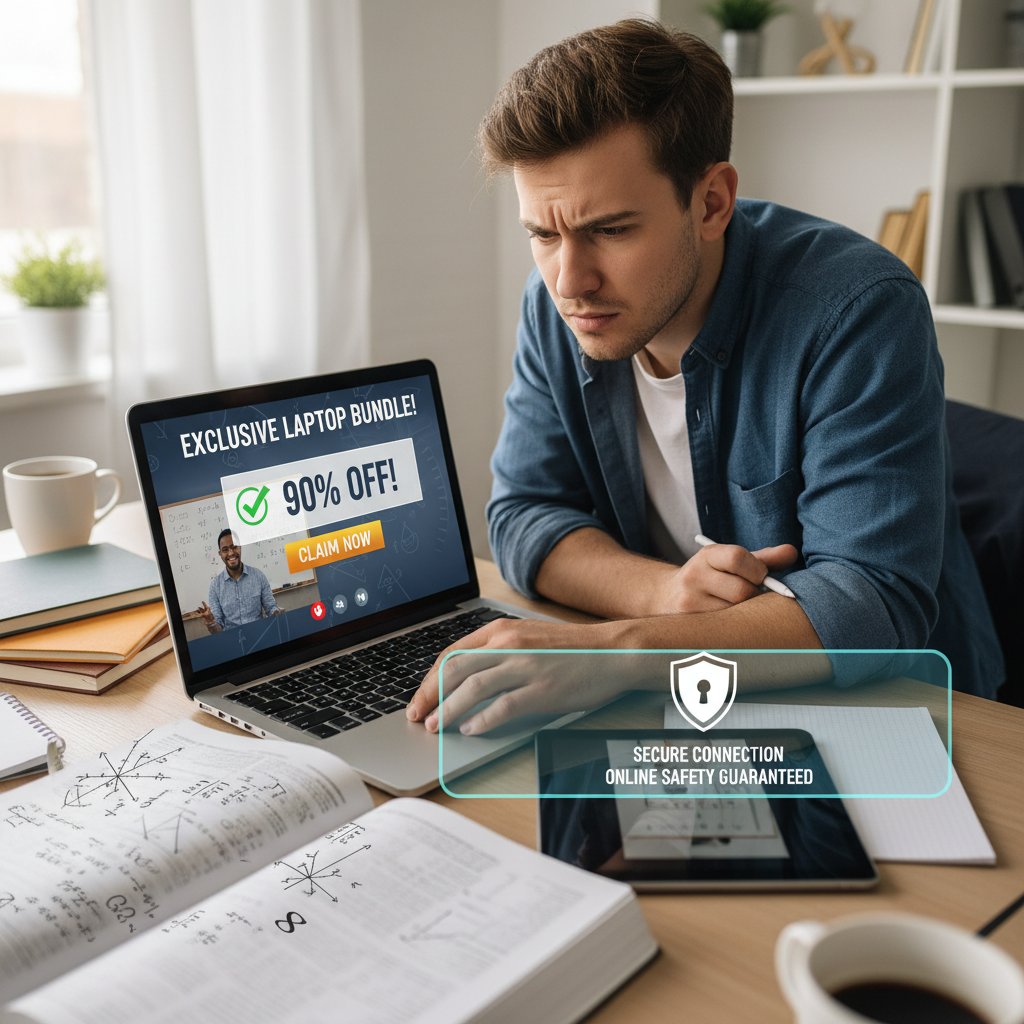Osoba patrząca podejrzliwie na ekran laptopa z ofertą korepetycji, pierwiastki online korepetycje, bezpieczeństwo w sieci