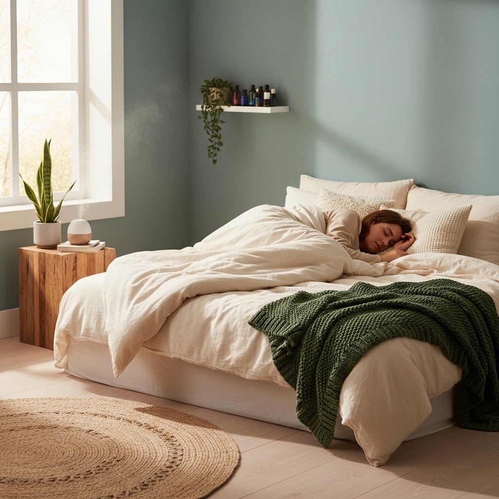 Osoba śpiąca spokojnie w jasnej, przytulnej sypialni, symbol regeneracji i poprawy samopoczucia