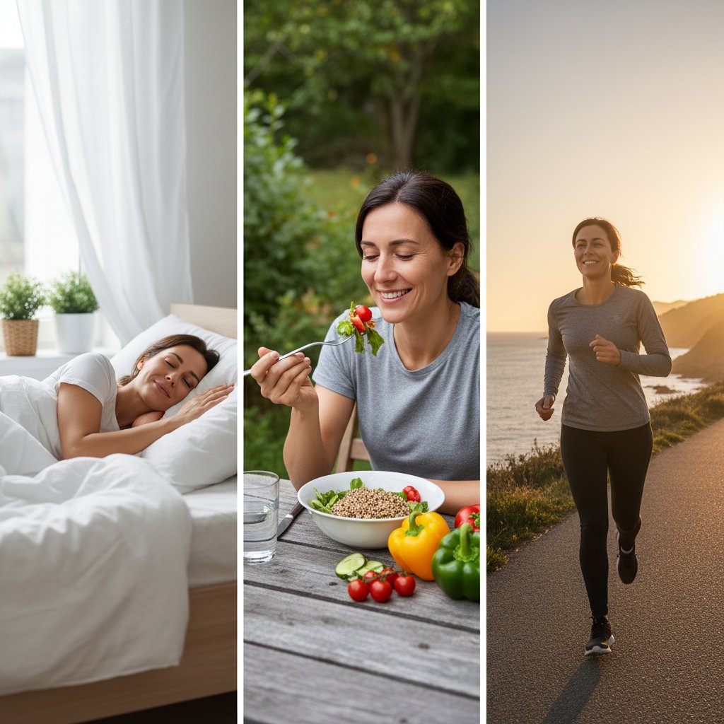 Zdrowy styl życia – osoba śpiąca, jedząca warzywa i uprawiająca sport w jednym kadrze