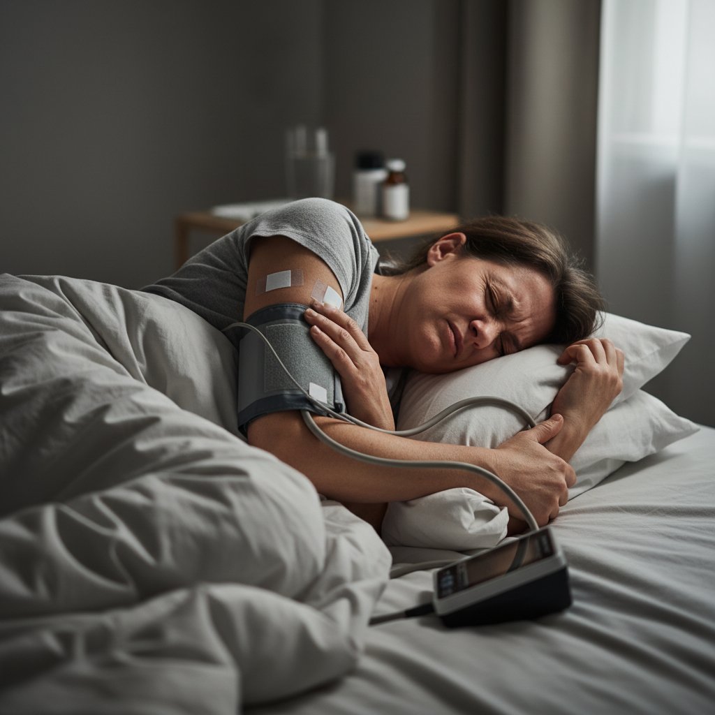 Osoba śpiąca z holterem ciśnieniowym, wyraźnie widać dyskomfort