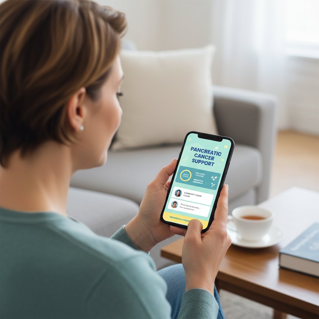 Osoba ze smartfonem, korzystająca z aplikacji zdrowotnej, symbol szybkiego dostępu do wiedzy o raku trzustki