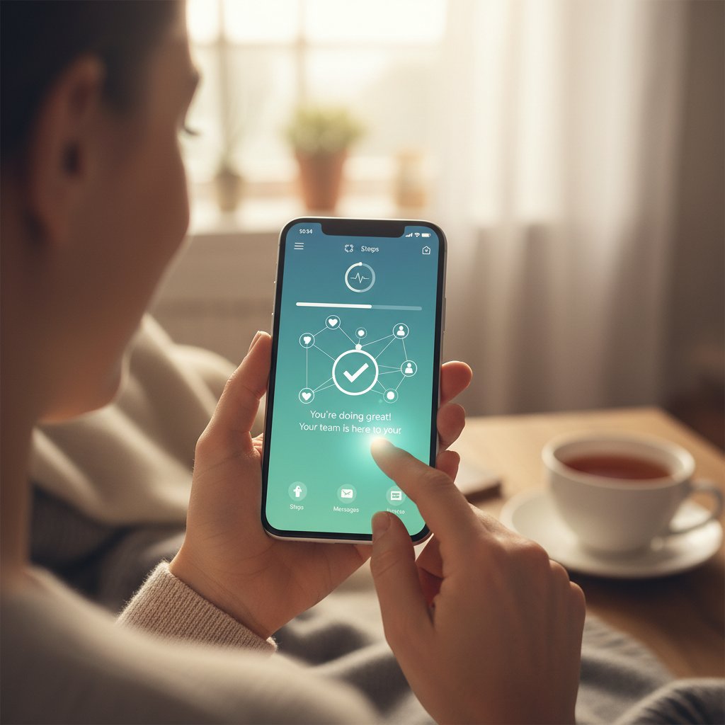 Osoba korzystająca z aplikacji zdrowotnej na smartfonie, wsparcie AI dla pacjentów z polimialgią