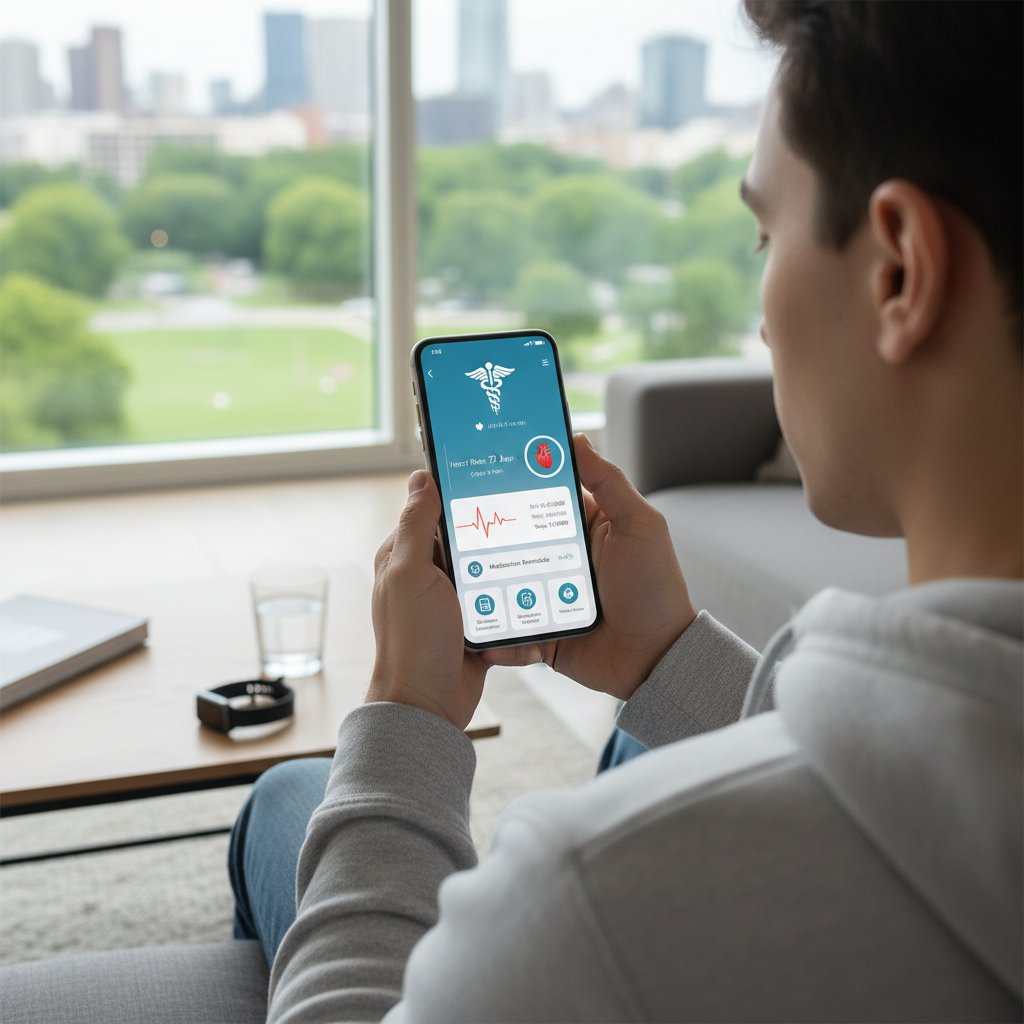 Osoba korzystająca z aplikacji medycznej na smartfonie, w tle monitor komputerowy z wykresem EKG, cyfrowe zdrowie