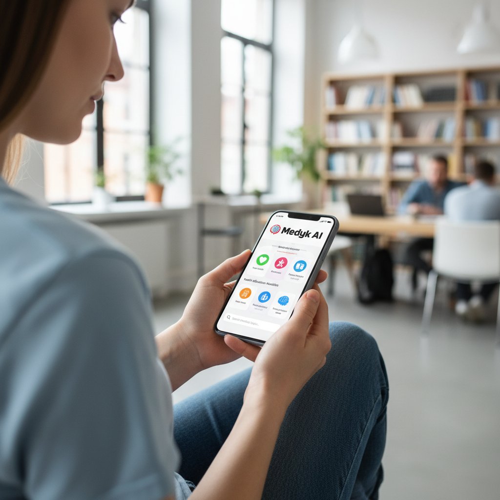 Osoba korzysta z aplikacji medycznej na smartfonie, słowa kluczowe: medyk.ai, edukacja zdrowotna, wirtualny asystent