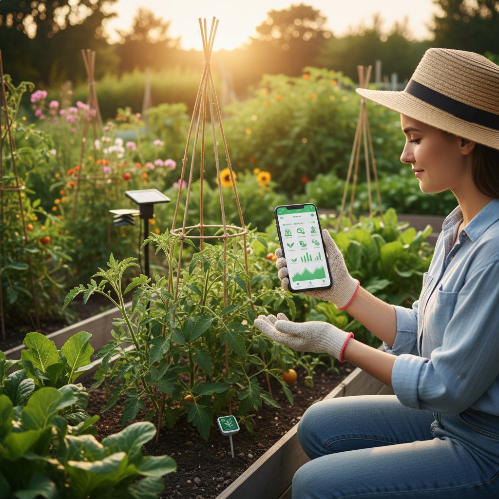 Nowoczesny monitoring roślin w ogrodzie, osoba fotografująca liście smartfonem