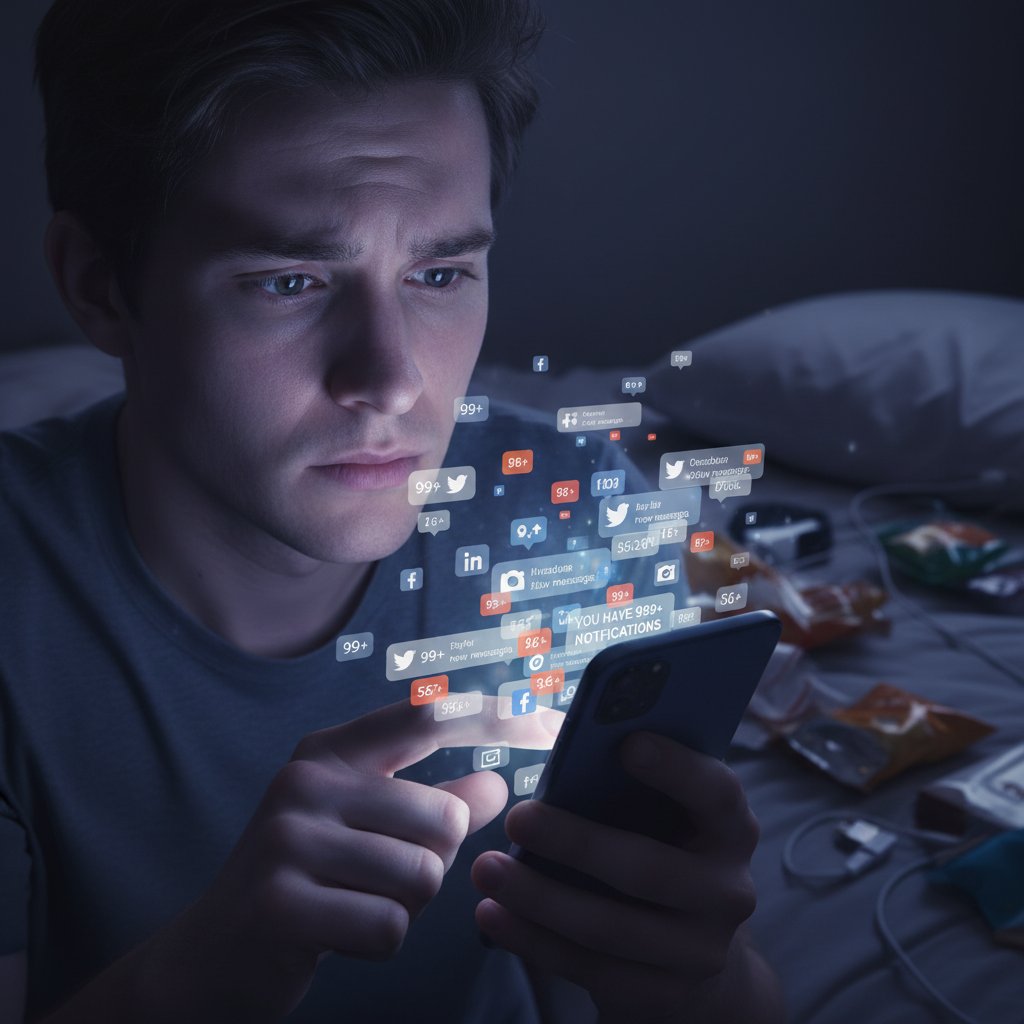 Osoba przewijająca feed na smartfonie, zamyślony wyraz twarzy, otaczają ją powiadomienia i kolorowe ikony