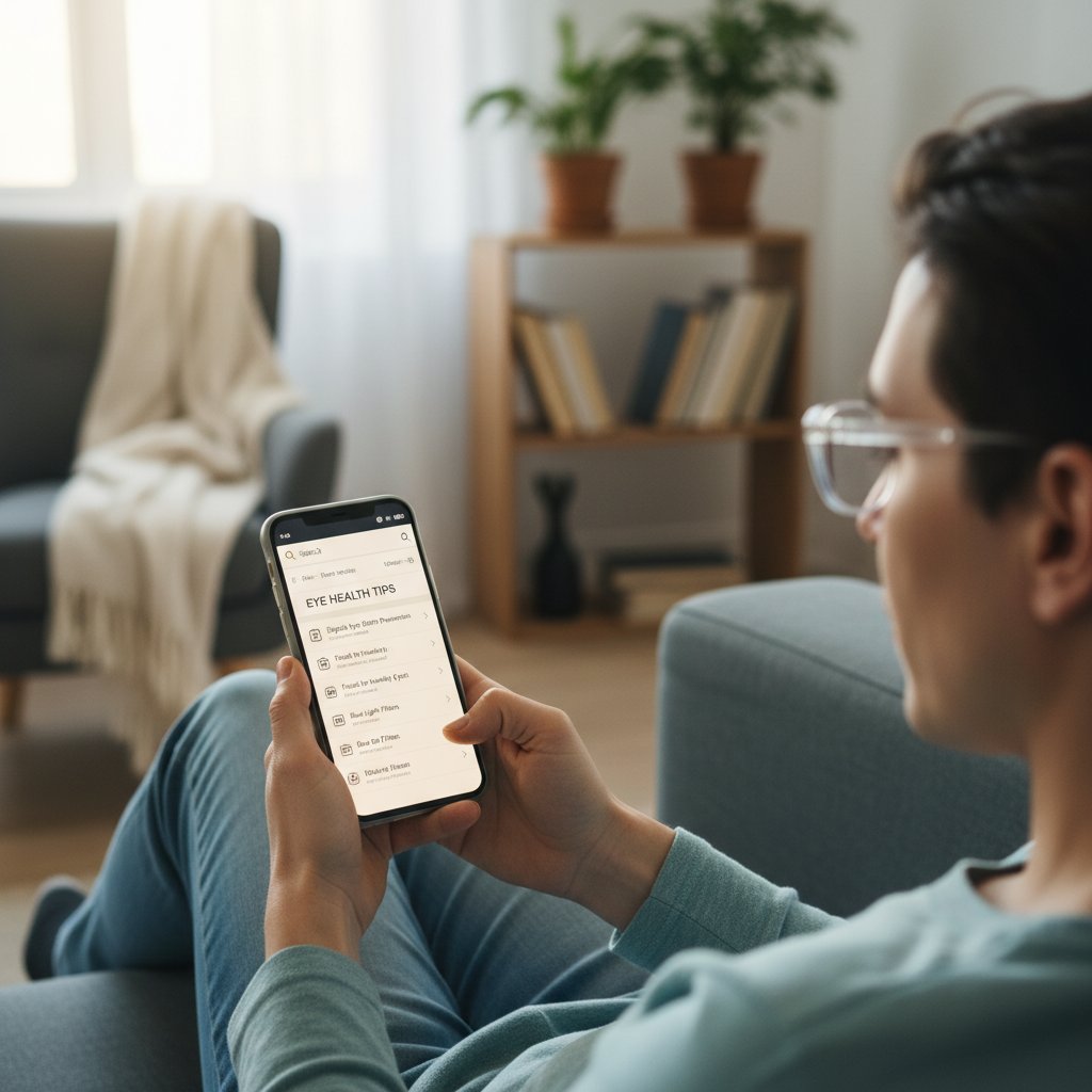 Osoba korzystająca ze smartfona w domu, szukająca informacji o ochronie wzroku