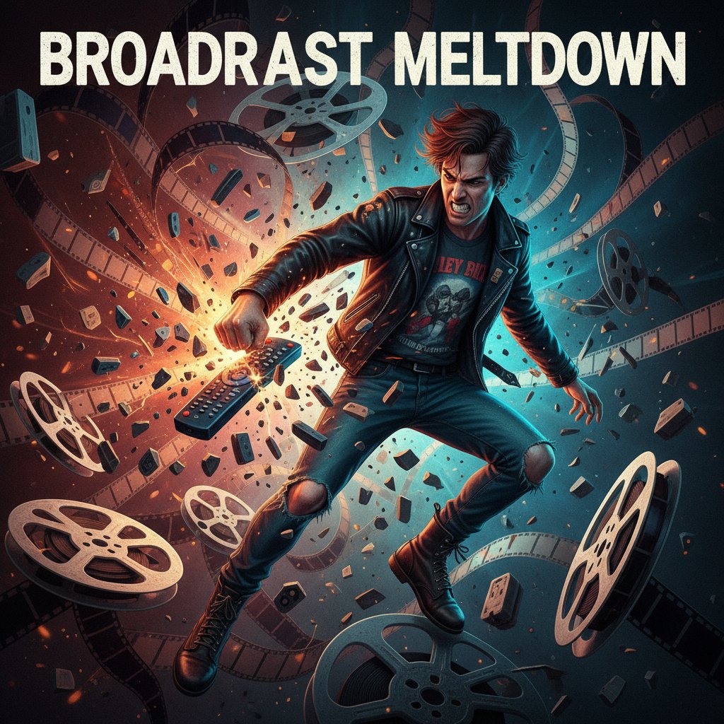 A symbolic photo: person smashing a remote control with movie reels flying out, high-energy, edgy, professional
