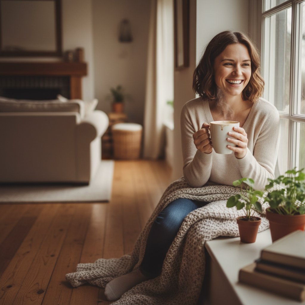 Osoba uśmiechnięta, zamyślona, siedzi z filiżanką kawy nad książką, domowa atmosfera, światło dzienne