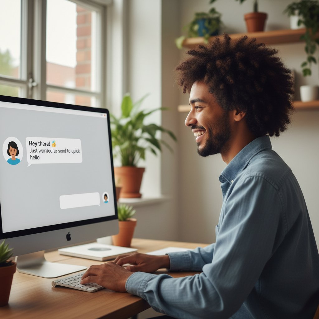 Osoba z szerokim uśmiechem siedząca przy komputerze, pisząca pierwszą wiadomość na czacie online