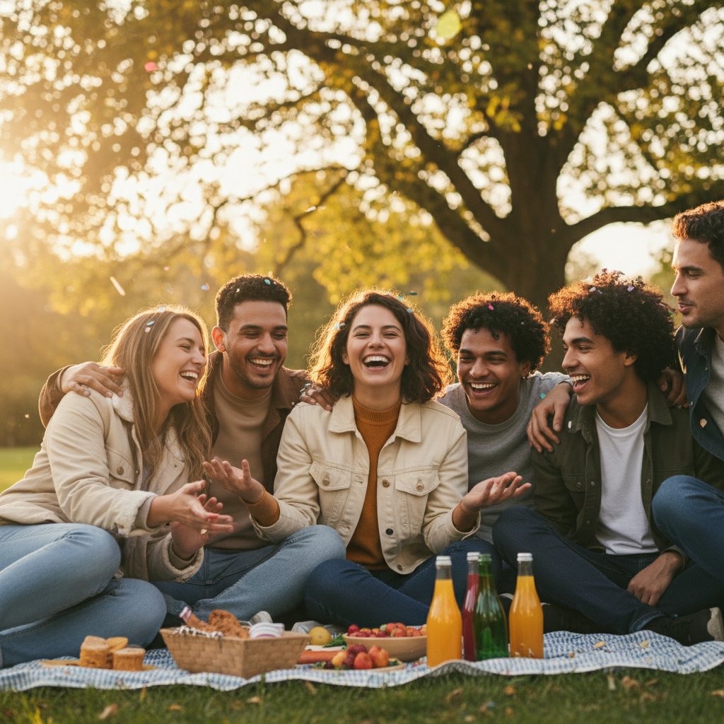 Osoba uśmiechnięta wśród przyjaciół – alternatywne źródła szczęścia