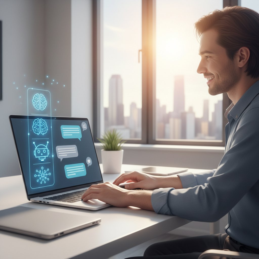 Osoba uśmiechająca się do ekranu laptopa podczas żywej rozmowy, na ekranie widoczne chat bubbles i ikonki AI