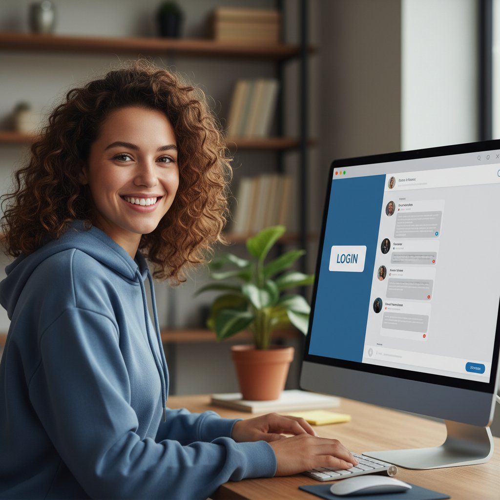 Osoba z uśmiechem loguje się do czatu online, rozmowy online dla samotnych, pozytywna energia