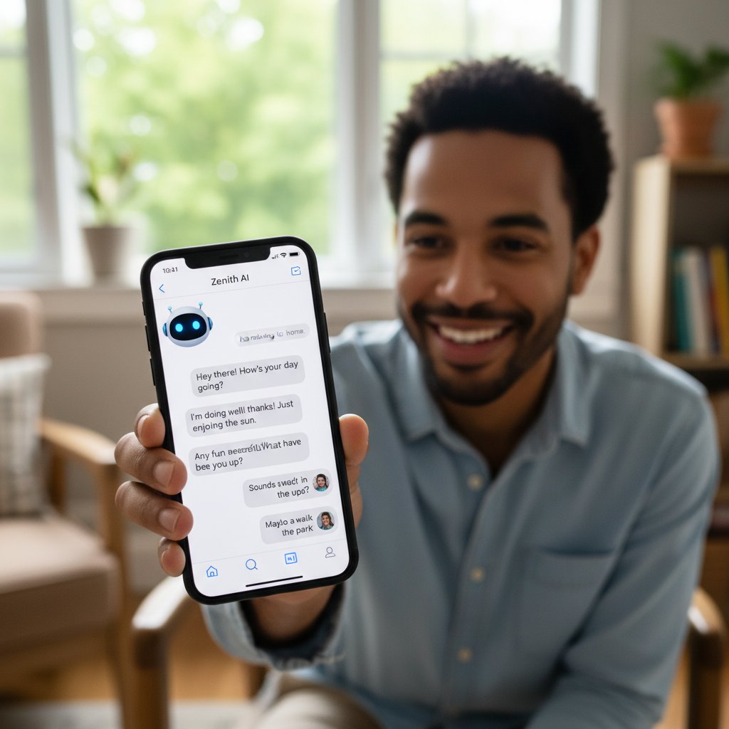 Osoba uśmiecha się patrząc na telefon, z oknem czatu w tle