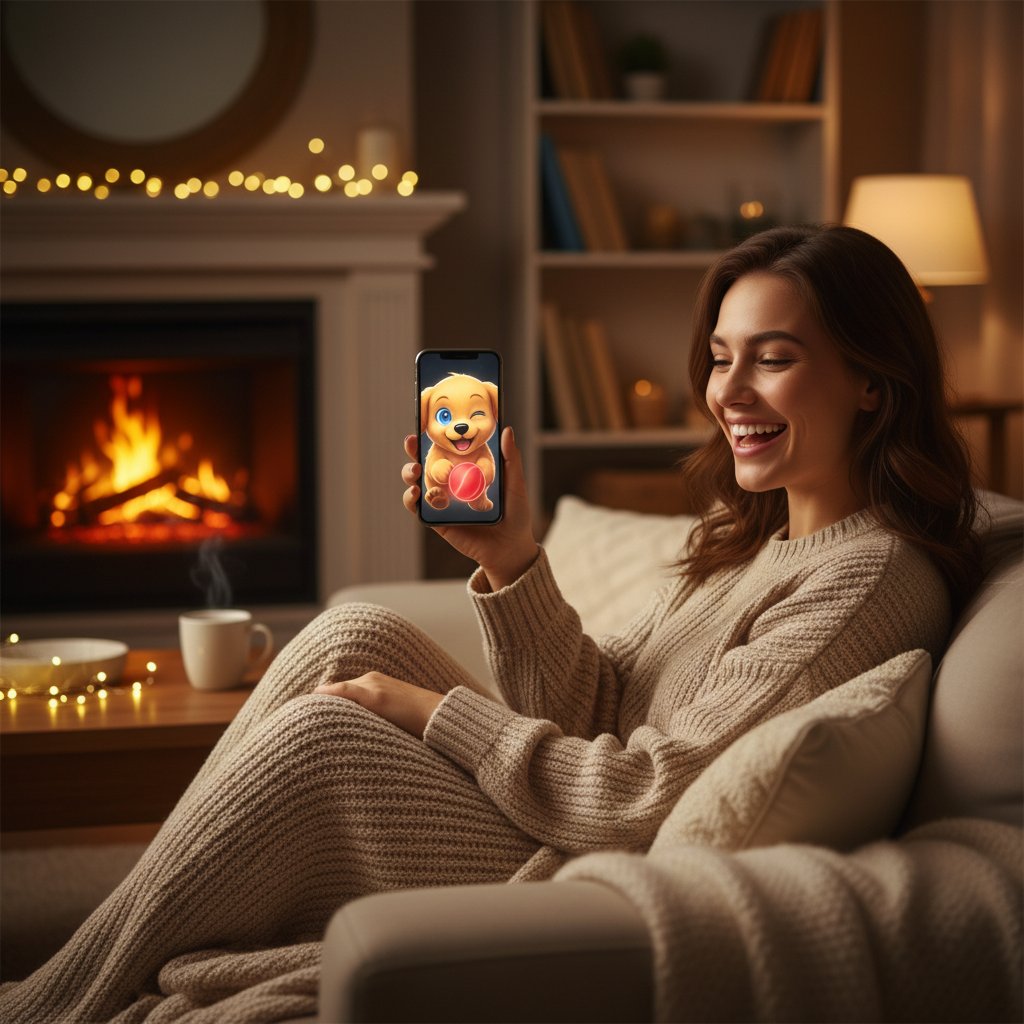 Osoba uśmiechnięta z telefonem, na ekranie cyfrowy pies, przytulna atmosfera, codzienna radość z wirtualnego towarzysza