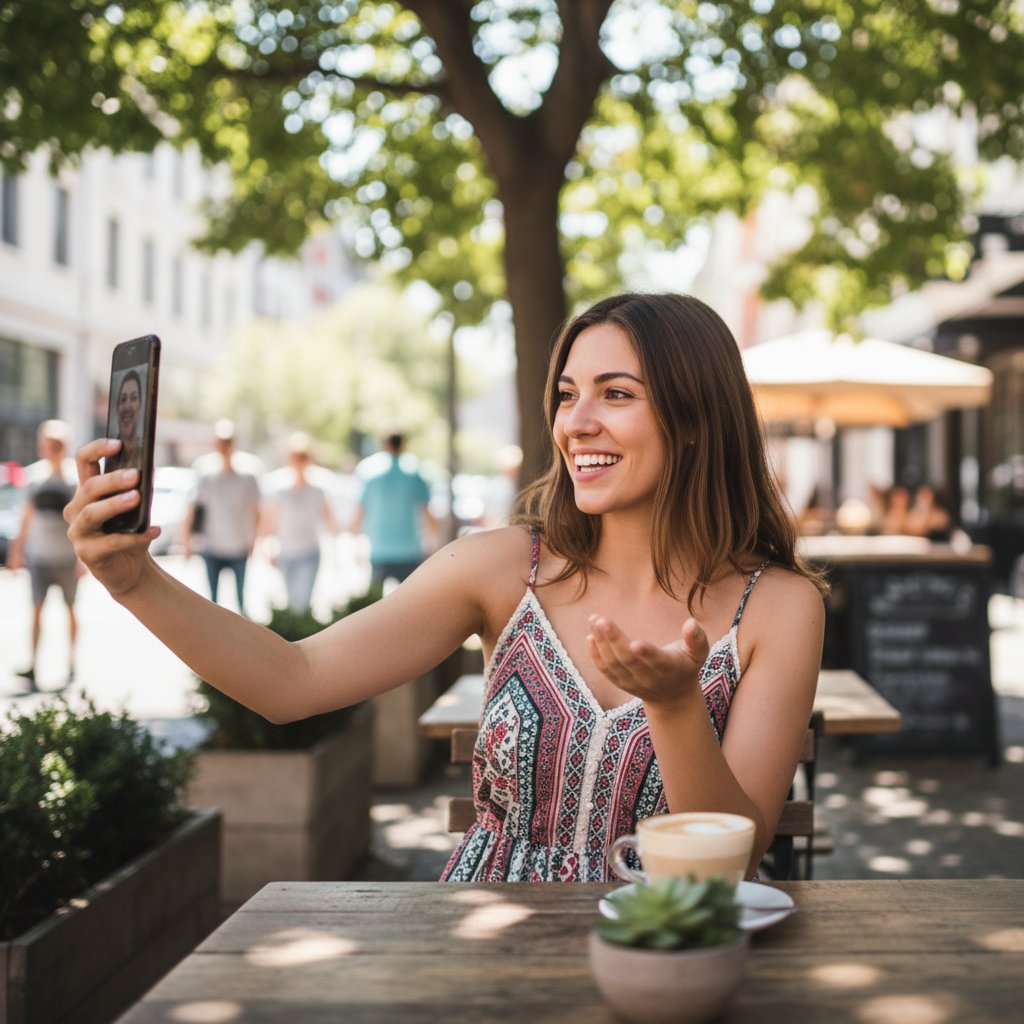 Osoba uśmiechnięta podczas rozmowy telefonicznej, pozytywne emocje w codziennym otoczeniu