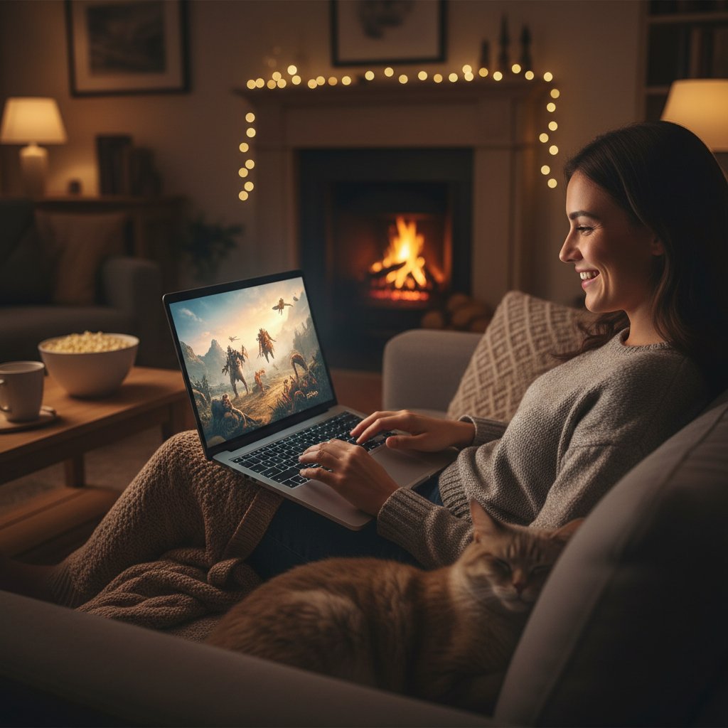 Uśmiechnięta osoba w domowym zaciszu oglądająca nietypowy film na laptopie