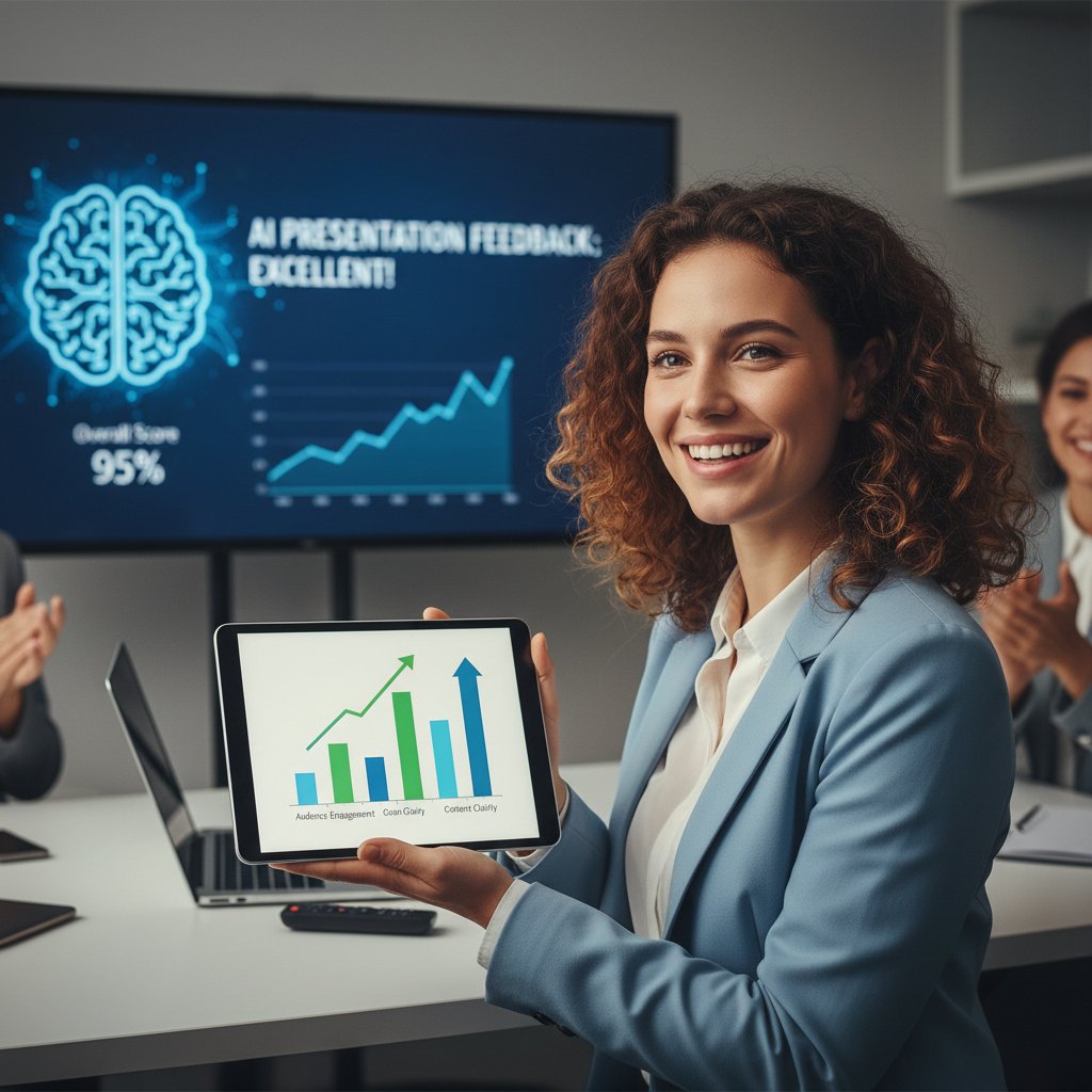 Prezentujący z uśmiechem na twarzy po analizie AI swojego pierwszego próbnego wystąpienia, ekran z widocznym wykresem wyników