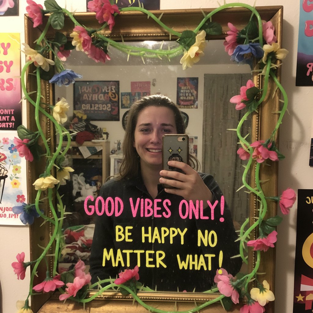 Osoba na siłę uśmiechnięta przed lustrem – toksyczna pozytywność, przymus bycia szczęśliwym