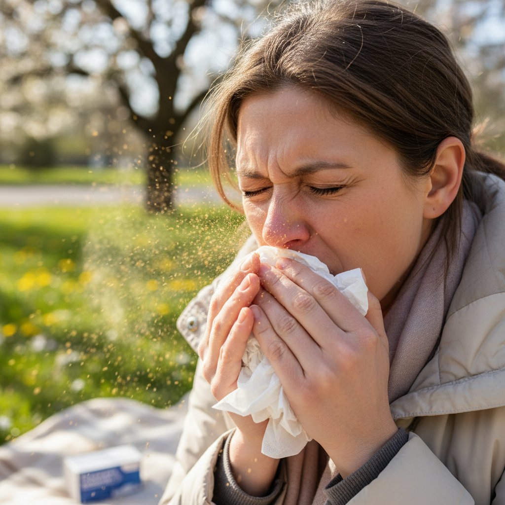 Zdjęcie osoby kichającej z powodu alergii, w tle pyłki roślin. Słowa kluczowe: przerost małżowin nosowych, alergia, pyłki roślin