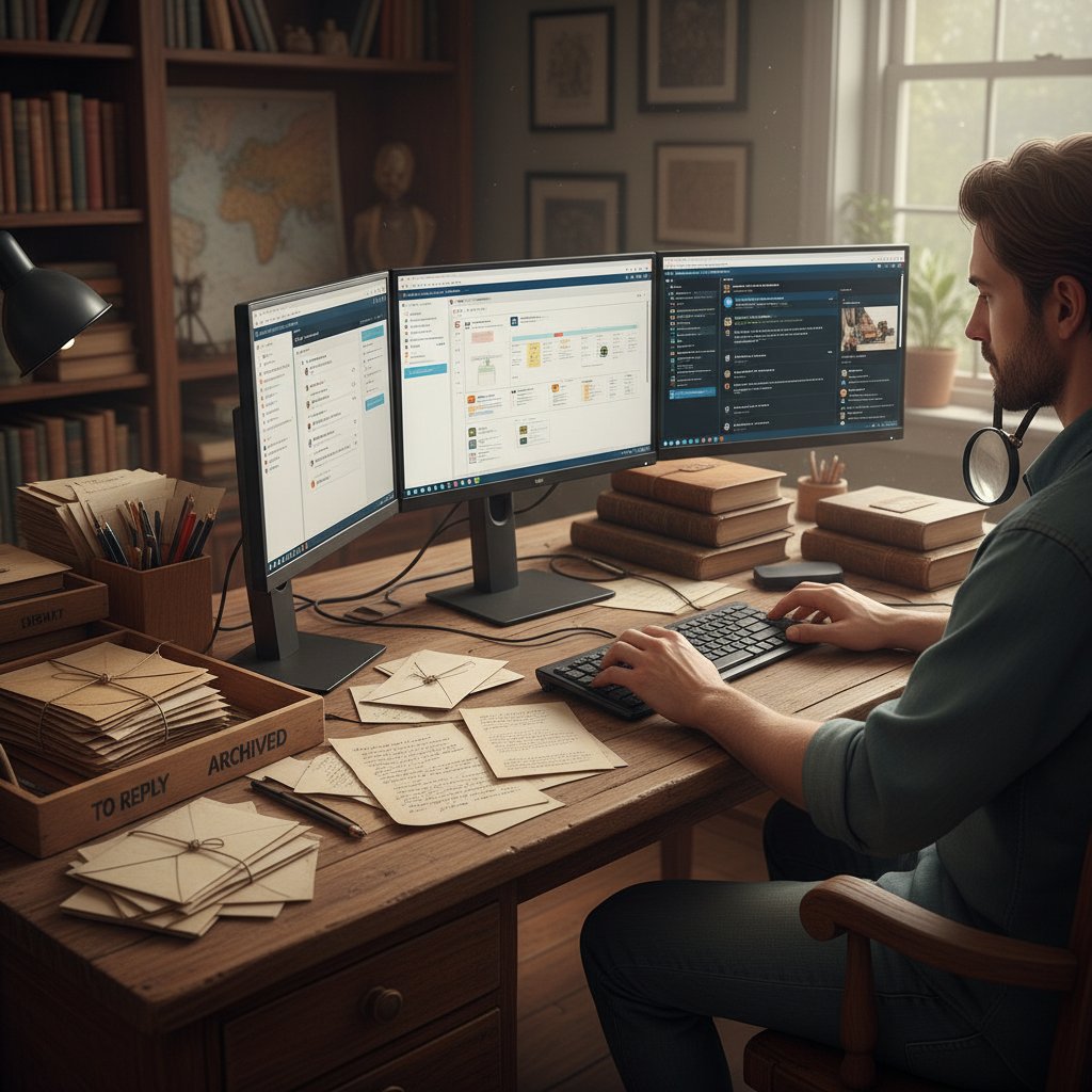 Osoba sortująca papierowe listy i maile – paralela do ewolucji zarządzania pocztą