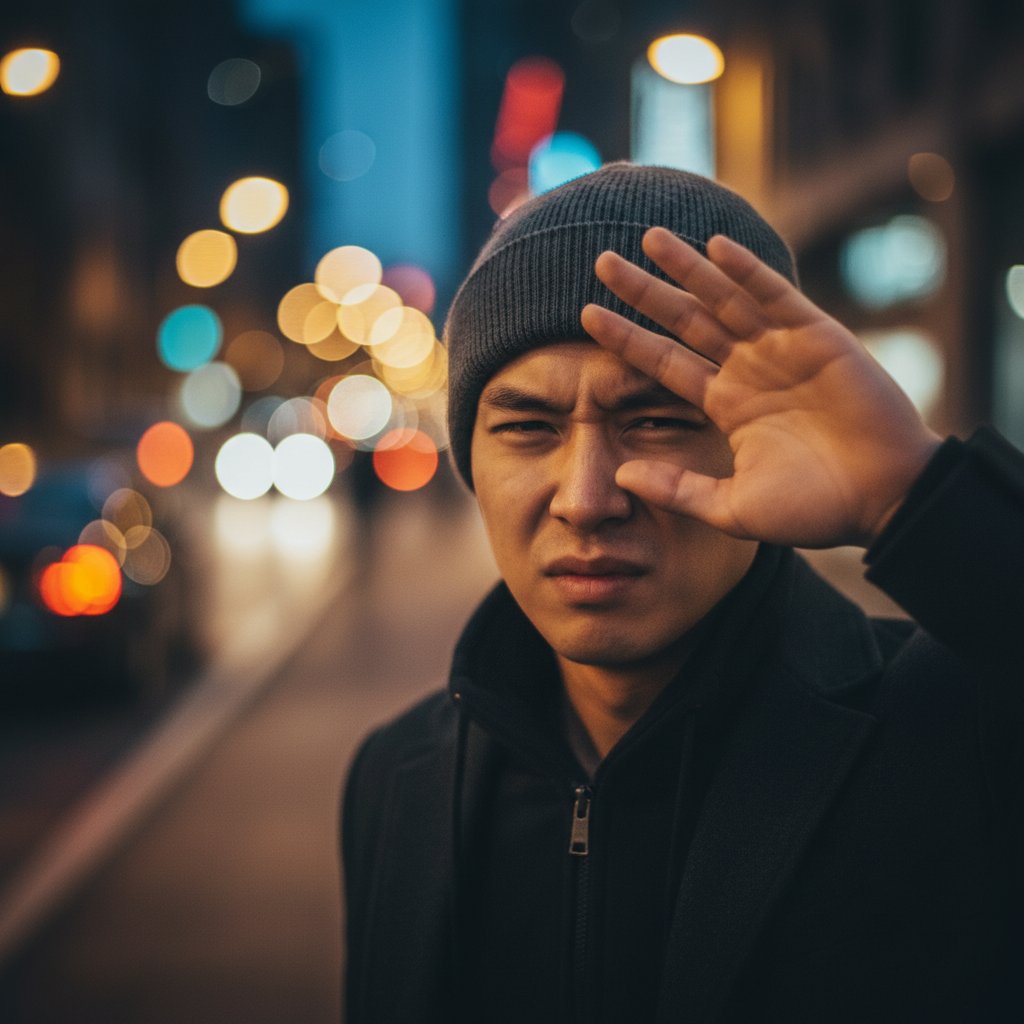 Osoba próbująca dostrzec rozmazane światła – symbol wczesnych objawów jaskry