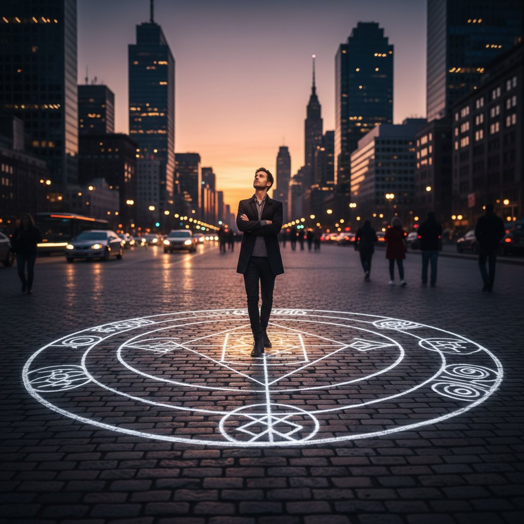 Osoba stojąca na granicy narysowanej kredą, symbolizująca terytorialność psychiczną i fizyczną