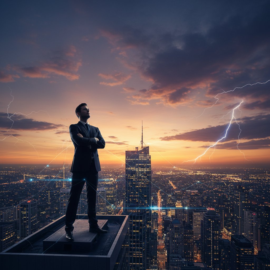 Osoba stojąca na tle miasta, patrząca w przyszłość z determinacją i poczuciem kontroli