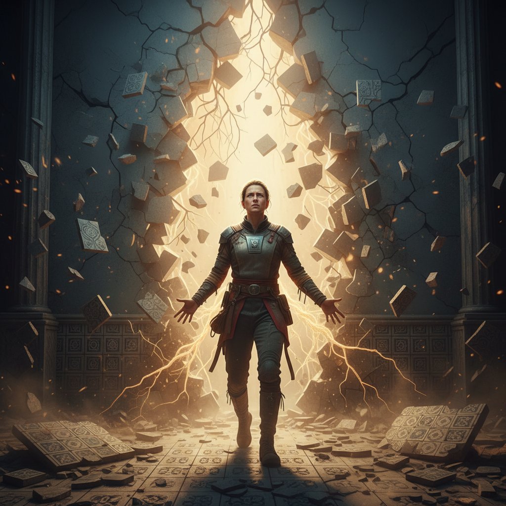 Osoba stojąca na tle pękniętej ściany, wyraz twarzy skupiony, symboliczny krok ku autentyczności i przełamywaniu schematów