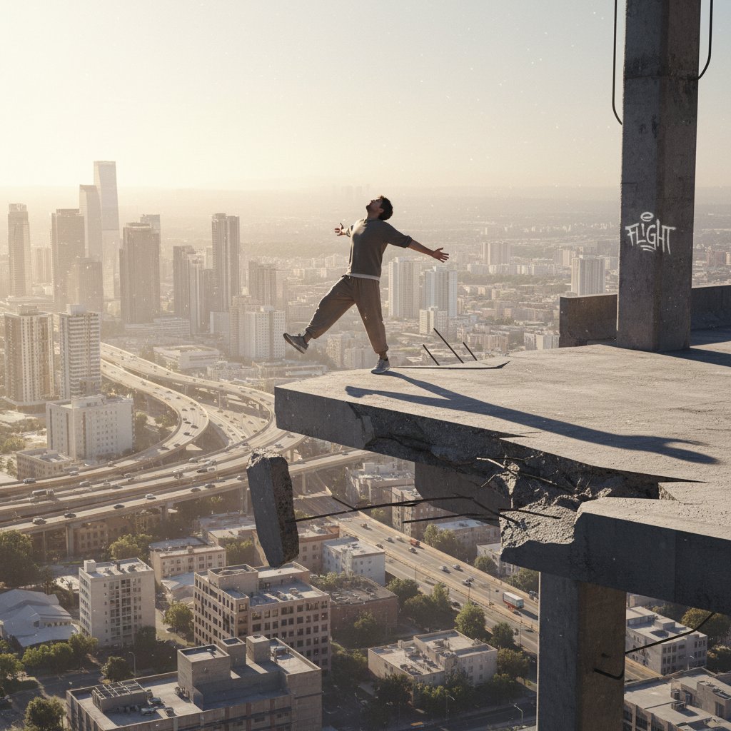 Człowiek na granicy światła i cienia w surowym otoczeniu miejskim, symbolizujący ryzyko i wolność eksperymentowania