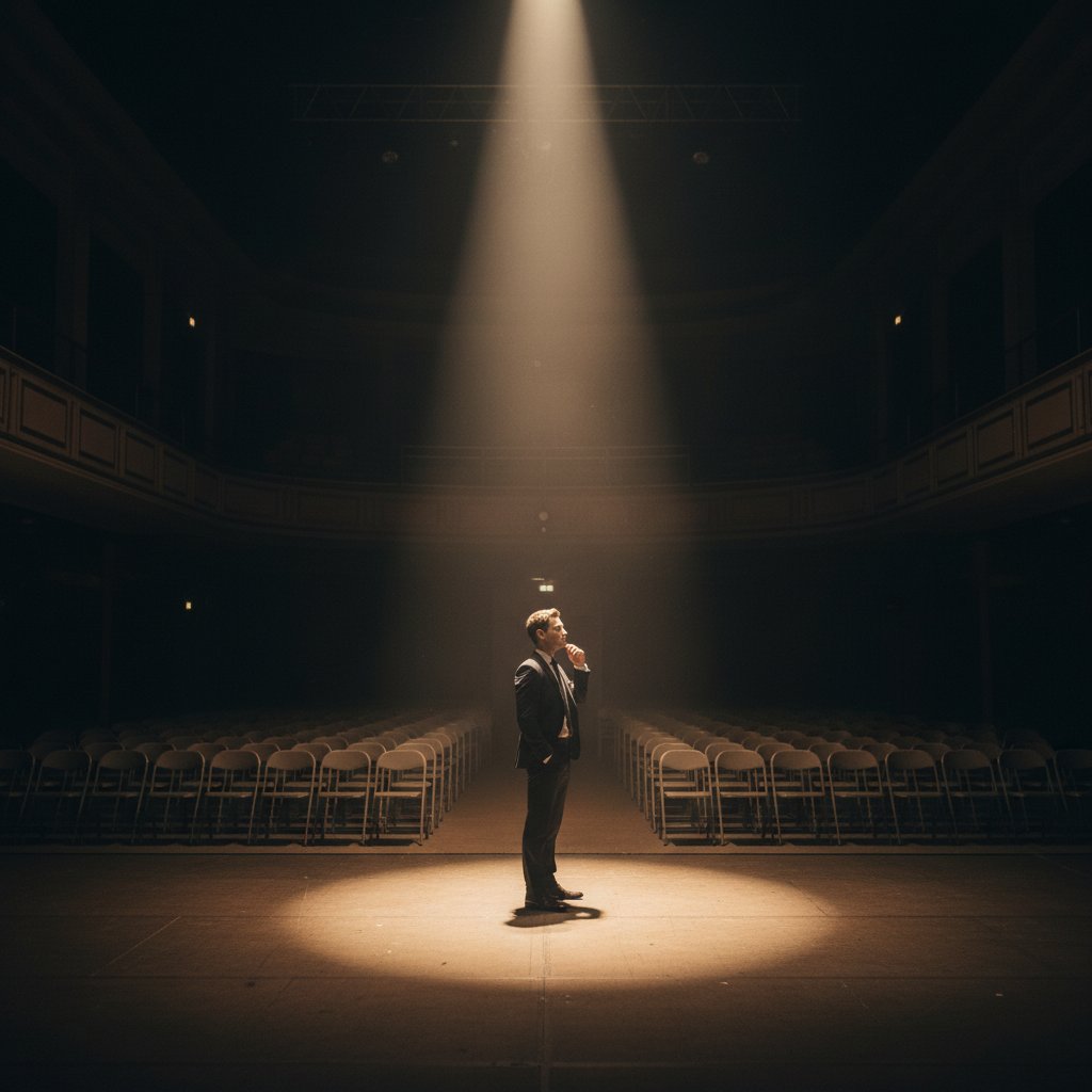 Osoba stoi samotnie na scenie w ostrym świetle reflektora, otoczona pustymi krzesłami.
