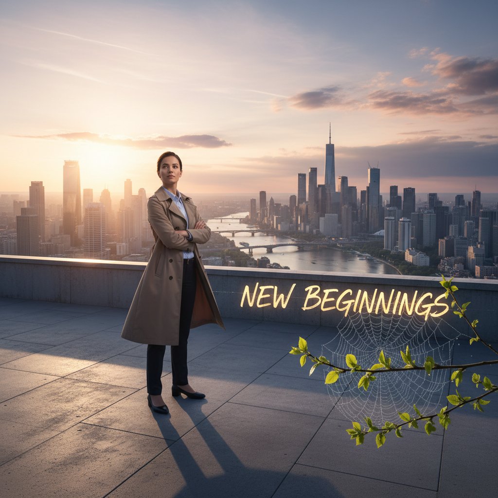 Osoba stojąca pewnie na dachu o wschodzie słońca, miasto w tle, symbolizuje nowy początek